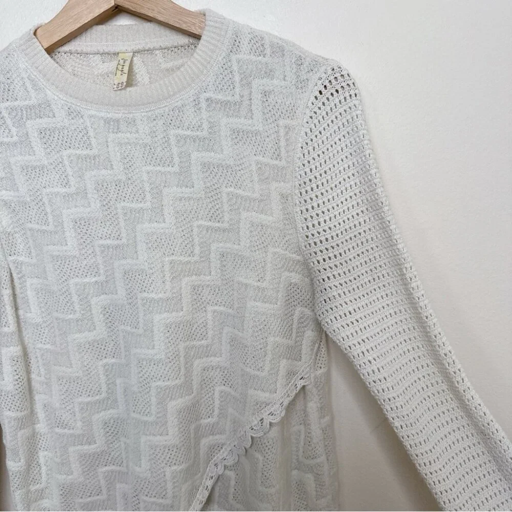 Free People Womens Medium Ivory Crochet Semi Sheer Long Sleeve Boxy